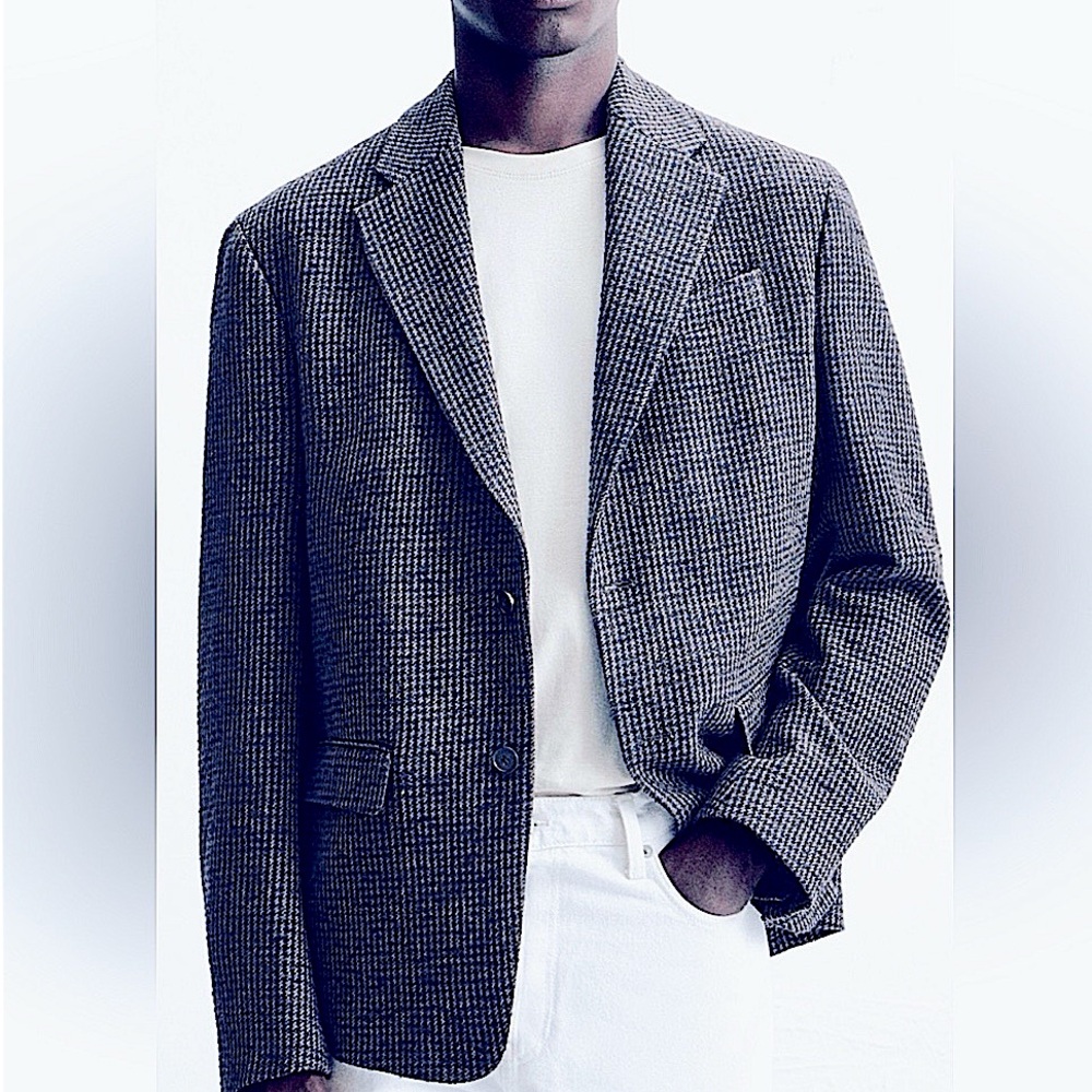Zara Men’s Comfort Knit Navy Gray Checkered Two Button Blazer Jacket *NEW* Sz 36